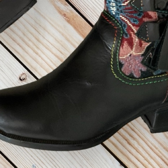 L' Artiste Spring Step Live Leather Tapestry Floral Ankle Bootie Fringe Women - Picture 14 of 15